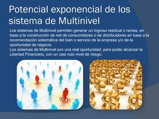 Potencial exponencial de los sistema de Multinivel Los sistemas de Multinivel permiten generar un ingreso residual o rentas, en base a la construcción de red de consumidores o de distribuidores en base a la recomendación sistemática del bien o servicio de la empresa y/o de la oportunidad de negocio. Los sistemas de Multinivel son una real oportunidad, para poder alcanzar la Libertad Financiera, con un casi nulo nivel de riesgo. 