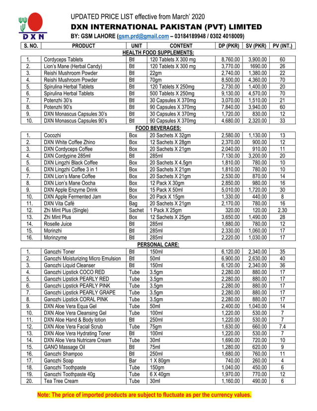 Dxn price list PDF