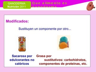 Sustituyen un componente por otro... Grasa por  sustitutivos: carbohidratos, componentes de proteínas, etc. Sacarosa por edulcorantes no calóricos Modificados: 