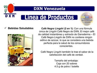 DXN Venezuela Linea de Productos  Bebidas Saludables Café Negro Lingzhi (2 en 1):  Con una fórmula única de Lingzhi Café Negro de DXN, El mejor café de calidad instantáneo y extracto de Ganoderma – El Café Negro Lingzhi de DXN no contiene ningún aditivo de azúcar, lo que se considera una bebida perfecta para la salud de los consumidores conscientes.   Café Negro Lingzhi también le trae el sabor de la satisfacción del café de verdad.  Tamaño del embalaje:  Caja con 20 sobres 4.5 g de polvo / botella 