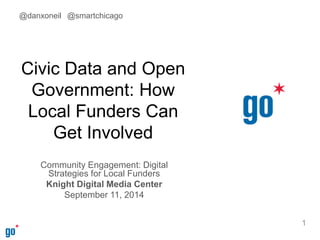 Civic Data and Open 
Government: How 
Local Funders Can 
Get Involved 
Community Engagement: Digital 
Strategies for Local Funders 
Knight Digital Media Center 
September 11, 2014 
1 
@danxoneil @smartchicago 
 