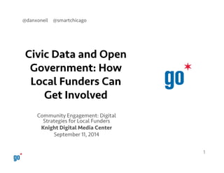 Civic Data and Open 
Government: How 
Local Funders Can 
Get Involved 
Community Engagement: Digital 
Strategies for Local Funders 
Knight Digital Media Center 
September 11, 2014 
1 
@danxoneil @smartchicago 
 