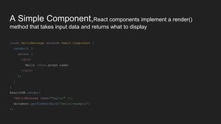 A Simple Component,React components implement a render()
method that takes input data and returns what to display
class HelloMessage extends React.Component {
render() {
return (
<div>
Hello {this.props.name}
</div>
);
}
}
ReactDOM.render(
<HelloMessage name="Taylor" />,
document.getElementById('hello-example')
);
 