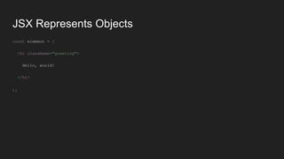 JSX Represents Objects
const element = (
<h1 className="greeting">
Hello, world!
</h1>
);
 