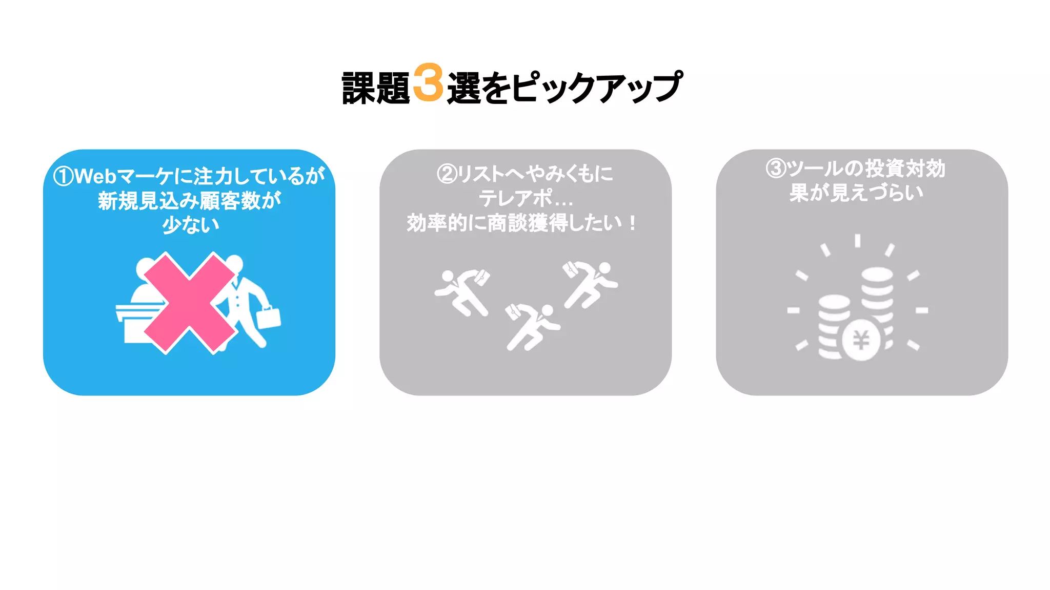②商談数が
伸び悩んでいる
③ツールの投資対効
果が見えづらい
課題３選をピックアップ
①Webマーケに注力しているが
新規見込み顧客数が
少ない
②リストへやみくもに
テレアポ…
効率的に商談獲得したい！
 