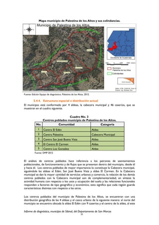 Mapa municipio de Palestina de los Altos y sus colindancias.
Fuente: Edición Equipo de diagnóstico, Palestina de los Altos, 2012.
5.4.4. Estructura espacial o distribución actual
El municipio está conformado por 4 aldeas, la cabecera municipal y 46 caseríos, que se
muestran en el cuadro siguiente.
Cuadro No. 3
Centros poblados municipio de Palestina de los Altos.
No. Comunidad Categoría
1 Centro El Edén Aldea
2 Centro Palestina Cabecera Municipal
3 Centro San José Buena Vista Aldea
4 El Centro El Carmen Aldea
5 Centro Los González Aldea
Fuente: DMP 2012
El análisis de centros poblados hace referencia a los patrones de asentamientos
poblacionales, de funcionamiento y de flujos que se presentan dentro del municipio, desde él
y hacia él. Los centros poblados de mayor importancia lo constituye la Cabecera municipal,
siguiéndole las aldeas el Edén, San José Buena Vista y aldea El Carmen. En la Cabecera
municipal se dan la mayor cantidad de servicios urbanos y comercio, la relación de los demás
centros poblados con la Cabecera municipal son de complementariedad, en síntesis la
actividad humana con respecto a los usos y ocupación del suelo y las relaciones funcionales
responden a factores de tipo geográfico y económico, esto significa que cada región guarda
características distintas con respecto a las otras.
Los centros poblados del municipio de Palestina de los Altos, se encuentran con una
distribución geográfica de las 4 aldeas y el casco urbano de la siguiente manera: al norte del
municipio se encuentra ubicada la aldea El Edén con 9 caseríos y el centro de la aldea, al este
Informe de diagnóstico, municipio de Sibinal, del Departamento de San Marcos
33
 