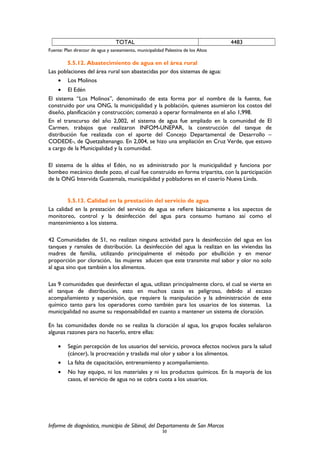 TOTAL 4483
Fuente: Plan director de agua y saneamiento, municipalidad Palestina de los Altos
5.5.12. Abastecimiento de agua en el área rural
Las poblaciones del área rural son abastecidas por dos sistemas de agua:
• Los Molinos
• El Edén
El sistema “Los Molinos”, denominado de esta forma por el nombre de la fuente, fue
construido por una ONG, la municipalidad y la población, quienes asumieron los costos del
diseño, planificación y construcción; comenzó a operar formalmente en el año 1,998.
En el transcurso del año 2,002, el sistema de agua fue ampliado en la comunidad de El
Carmen, trabajos que realizaron INFOM-UNEPAR, la construcción del tanque de
distribución fue realizada con el aporte del Concejo Departamental de Desarrollo –
CODEDE-, de Quetzaltenango. En 2,004, se hizo una ampliación en Cruz Verde, que estuvo
a cargo de la Municipalidad y la comunidad.
El sistema de la aldea el Edén, no es administrado por la municipalidad y funciona por
bombeo mecánico desde pozo, el cual fue construido en forma tripartita, con la participación
de la ONG Intervida Guatemala, municipalidad y pobladores en el caserío Nueva Linda.
5.5.13. Calidad en la prestación del servicio de agua
La calidad en la prestación del servicio de agua se refiere básicamente a los aspectos de
monitoreo, control y la desinfección del agua para consumo humano así como el
mantenimiento a los sistema.
42 Comunidades de 51, no realizan ninguna actividad para la desinfección del agua en los
tanques y ramales de distribución. La desinfección del agua la realizan en las viviendas las
madres de familia, utilizando principalmente el método por ebullición y en menor
proporción por cloración, las mujeres aducen que este transmite mal sabor y olor no solo
al agua sino que también a los alimentos.
Las 9 comunidades que desinfectan el agua, utilizan principalmente cloro, el cual se vierte en
el tanque de distribución, esto en muchos casos es peligroso, debido al escaso
acompañamiento y supervisión, que requiere la manipulación y la administración de este
químico tanto para los operadores como también para los usuarios de los sistemas. La
municipalidad no asume su responsabilidad en cuanto a mantener un sistema de cloración.
En las comunidades donde no se realiza la cloración al agua, los grupos focales señalaron
algunas razones para no hacerlo, entre ellas:
• Según percepción de los usuarios del servicio, provoca efectos nocivos para la salud
(cáncer), la procreación y traslada mal olor y sabor a los alimentos.
• La falta de capacitación, entrenamiento y acompañamiento.
• No hay equipo, ni los materiales y ni los productos químicos. En la mayoría de los
casos, el servicio de agua no se cobra cuota a los usuarios.
Informe de diagnóstico, municipio de Sibinal, del Departamento de San Marcos
50
 