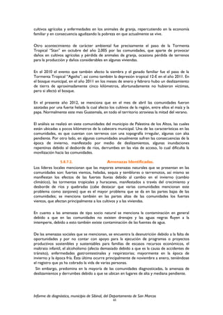 cultivos agrícolas y enfermedades en los animales de granja, repercutiendo en la economía
familiar y en consecuencia agudizando la pobreza en que actualmente se vive.
Otro acontecimiento de carácter ambiental fue precisamente el paso de la Tormenta
Tropical “Stan” en octubre del año 2,005 por las comunidades, que aparte de provocar
daños en cultivos agrícolas y pérdida de animales de granja, ocasiona pérdida de terrenos
para la producción y daños considerables en algunas viviendas.
En el 2010 el evento que también afecto la siembra y el ganado familiar fue el paso de la
Tormenta Tropical “Agatha”; así como también la depresión tropical 12-E en el año 2011. En
el bosque municipal, en el año 2011 en los meses de enero y febrero hubo un deslizamiento
de tierra de aproximadamente cinco kilómetros, afortunadamente no hubieron víctimas,
pero si afectó el bosque.
En el presente año 2012, se menciona que en el mes de abril las comunidades fueron
azotadas por una fuerte helada la cual afecto los cultivos de la región, entre ellos el maíz y la
papa. Normalmente este mes Guatemala, en todo el territorio atraviesa la mitad del verano.
El análisis se realizó en siete comunidades del municipio de Palestina de los Altos, las cuales
están ubicadas a pocos kilómetros de la cabecera municipal. Una de las características en las
comunidades, es que cuentan con terrenos con una topografía irregular, algunas con alta
pendiente. Por otro lado, en algunas comunidades anualmente sufren las consecuencias de la
época de invierno, manifestado por medio de deslizamientos, algunas inundaciones
repentinas debido al desborde de ríos, derrumbes en las vías de acceso, lo cual dificulta la
movilización hacia las comunidades.
5.8.7.2. Amenazas Identificadas.
Los líderes locales mencionan que las mayores amenazas naturales que se presentan en las
comunidades son: fuertes vientos, heladas, sequia y temblores o terremotos, así mismo se
manifiestan los efectos de las fuertes lluvias debido al cambio en el invierno (cambio
climático), las tormentas tropicales y huracanes, manifestados a través del crecimiento y
desborde de ríos y quebradas (cabe destacar que varias comunidades mencionan este
problema como zanjones) que es el mayor problema que se da en las partes bajas de las
comunidades; se menciona también en las partes altas de las comunidades los fuertes
vientos, que afectan principalmente a los cultivos y a las viviendas.
En cuanto a las amenazas de tipo socio natural se menciona la contaminación en general
debido a que en las comunidades no existen drenajes y las aguas negras fluyen a la
intemperie, debido a esto también existe contaminación de las fuentes de agua.
De las amenazas sociales que se mencionan, se encuentra la desnutrición debido a la falta de
oportunidades y por no contar con apoyo para la ejecución de programas o proyectos
productivos sostenibles y sustentables para familias de escasos recursos económicos, el
maltrato infantil, el alcoholismo (afecta demasiado debido a que es la causa de accidentes de
tránsito), enfermedades gastrointestinales y respiratorias; mayormente en la época de
invierno y la época fría. Ésta última ocurre principalmente de noviembre a enero, teniéndose
el registro que ya ha cobrado la vida de varias personas.
Sin embargo, predomina en la mayoría de las comunidades diagnosticadas, la amenaza de
deslizamientos y derrumbes debido a que se ubican en lugares de alta y mediana pendiente.
Informe de diagnóstico, municipio de Sibinal, del Departamento de San Marcos
65
 