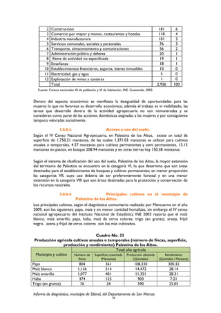 2 Construcción 181 6
3 Comercio por mayor y menor, restaurantes y hoteles 118 4
4 Industria manufacturera 101 3
5 Servicios comunales, sociales y personales 76 3
6 Transporte, almacenamiento y comunicaciones 56 2
7 Administración pública y defensa 20 1
8 Rama de actividad no especificada 19 1
9 Enseñanza 18 1
10 Establecimientos financieros, seguros, bienes inmuebles 10 0
11 Electricidad, gas y agua 5 0
12 Explotación de minas y canteras 1 0
Total 2,926 100
Fuente: Censos nacionales XI de población y VI de habitación, INE. Guatemala, 2002.
Dentro del aspecto económico se manifiesta la desigualdad de oportunidades para las
mujeres lo que no favorece su desarrollo económico, además el trabajo es in visibilizado, las
tareas que desarrolla dentro de la actividad agropecuaria no son remuneradas y se
consideran como parte de las acciones domésticas asignadas a las mujeres y por consiguiente
tampoco valoradas socialmente.
5.8.8.3. Acceso y uso del suelo.
Según el IV Censo Nacional Agropecuario, en Palestina de los Altos, existe un total de
superficie de 1,750.21 manzanas, de las cuales 1,371.03 manzanas se utilizan para cultivos
anuales o temporales, 4.57 manzanas para cultivos permanentes y semi permanentes, 15.15
manzanas en pastos, en bosque 208.94 manzanas y en otras tierras hay 150.58 manzanas.
Según el sistema de clasificación del uso del suelo, Palestina de los Altos, la mayor extensión
del territorio de Palestina se encuentra en la categoría VI, lo que determina que son áreas
destinadas para el establecimiento de bosques y cultivos permanentes; en menor proporción
las categorías VII, cuyo uso debería de ser preferentemente forestal y en una menor
extensión en la categoría VIII que son áreas destinadas para la protección y conservación de
los recursos naturales.
5.8.8.4. Principales cultivos en el municipio de
Palestina de los Altos.
Los principales cultivos, según el diagnóstico comunitario realizado por Mancuerna en el año
2009, son los siguientes: papa, maíz y en menor cantidad hortalizas, sin embargo el IV censo
nacional agropecuario del Instituto Nacional de Estadística INE 2003 reporta que el maíz
blanco, maíz amarillo, papa, haba, maíz de otros colores, trigo (en granza), arveja, fríjol
negro, avena y fríjol de otros colores son los más cultivados.
Cuadro No. 33
Producción agrícola cultivos anuales o temporales (número de fincas, superficie,
producción y rendimiento) Palestina de los Altos.
Municipio y cultivo
Total año agrícola
Número de
fincas
Superficie cosechada
(Manzanas)
Producción obtenida
(Quintales)
Rendimiento
(Quintales / Manzana)
Papa 804 361 108,330 300.32
Maíz blanco 1,136 514 14,472 28.14
Maíz amarillo 1,077 401 11,351 28.31
Haba 374 125 903 7.21
Trigo (en granza) 76 24 590 25.05
Informe de diagnóstico, municipio de Sibinal, del Departamento de San Marcos
70
 