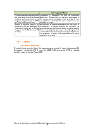 Estrategia de Manejo
En modelo de desarrollo paternalista
que tienen en la mente de las familias
a raíz de las intervenciones de los
programas de gobiernos y las ONG
que tienen presencia en el área.
Consensuar e implementar un Plan de Información,
Educación y Comunicación con una fuerte participación de
los socios y actores claves para revertir y cambiar la visión
de la población a cerca del desarrollo transformacional y el
bienestar de la niñez.
Verificar la migración temporal de
familias a la costa sur, aunque en el
censo se corroboro que las familias
no pasan más de 90 días fuera del
municipio.
En el proceso de diseño se abordara una vez más el tema de
la migración y se plantea proponer una comunidad con
antecedentes de migración y corroborar en días su ausencia
fuera del municipio y esta misma comunidad proponerla
dentro de las comunidades de patrocinio para el primer año
del programa y así validar si no tiene consecuencias para el
monitoreo de los niños.
12.4. Logística
12.4.1. Marco de tiempo
El periodo de duración del diseño del nuevo programa será de 06 meses, iniciándose el 01
de octubre y culminando el 31 de marzo del 2013. Y el levantamiento de RC se realizará
entre los meses de Enero a Marzo 2013.
Informe de diagnóstico, municipio de Sibinal, del Departamento de San Marcos
91
 
