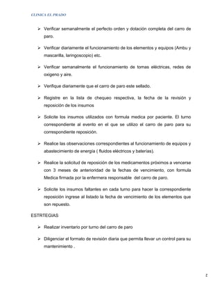 CLINICA EL PRADO


    Verificar semanalmente el perfecto orden y dotación completa del carro de
      paro.

    Verificar diariamente el funcionamiento de los elementos y equipos (Ambu y
      mascarilla, laringoscopio) etc.

    Verificar semanalmente el funcionamiento de tomas eléctricas, redes de
      oxigeno y aire.

    Verifique diariamente que el carro de paro este sellado.

    Registre en la lista de chequeo respectiva, la fecha de la revisión y
      reposición de los insumos

    Solicite los insumos utilizados con formula medica por paciente. El turno
      correspondiente al evento en el que se utilizo el carro de paro para su
      correspondiente reposición.

    Realice las observaciones correspondientes al funcionamiento de equipos y
      abastecimiento de energía ( fluidos eléctricos y baterías).

    Realice la solicitud de reposición de los medicamentos próximos a vencerse
      con 3 meses de anterioridad de la fechas de vencimiento, con formula
      Medica firmada por la enfermera responsable del carro de paro.

    Solicite los insumos faltantes en cada turno para hacer la correspondiente
      reposición ingrese al listado la fecha de vencimiento de los elementos que
      son repuesto.

ESTRTEGIAS

    Realizar inventario por turno del carro de paro

    Diligenciar el formato de revisión diaria que permita llevar un control para su
      mantenimiento .




                                                                                       2
 