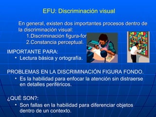 <ul><ul><li>En general, existen dos importantes procesos dentro de la discriminación visual: </li></ul></ul><ul><ul><ul><l...