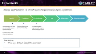 Copyright © 2016 Earley Information Science36
Learn Choose Purchase Use Maintain Recommend
Exercise #3
Provide interactive and
rich content to expand
product offering
Conduct basic multi-
channel marketing
Conduct basic multi-
channel marketing
Provide seamless
experience for buying
product/service online
Discussion:
• What was difficult about this exercise?
Desired Goal/Outcome: To identify desired organizational digital capabilities.
 