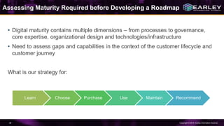 Copyright © 2016 Earley Information Science39
Assessing Maturity Required before Developing a Roadmap
• Digital maturity contains multiple dimensions – from processes to governance,
core expertise, organizational design and technologies/infrastructure
• Need to assess gaps and capabilities in the context of the customer lifecycle and
customer journey
What is our strategy for:
Learn Choose Purchase Use Maintain Recommend
 