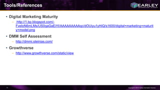 Copyright © 2016 Earley Information Science71
Tools/References
• Digital Marketing Maturity
– http://1.bp.blogspot.com/-
FveIoN6mLMs/US0qaGaEiYI/AAAAAAAAAqc/dOUiyu1yHiQ/s1600/digital+marketing+maturit
y+model.png
• DMM Self Assessment
– http://dmmi.steinias.com/
• Growthverse
– http://www.growthverse.com/static/view
 