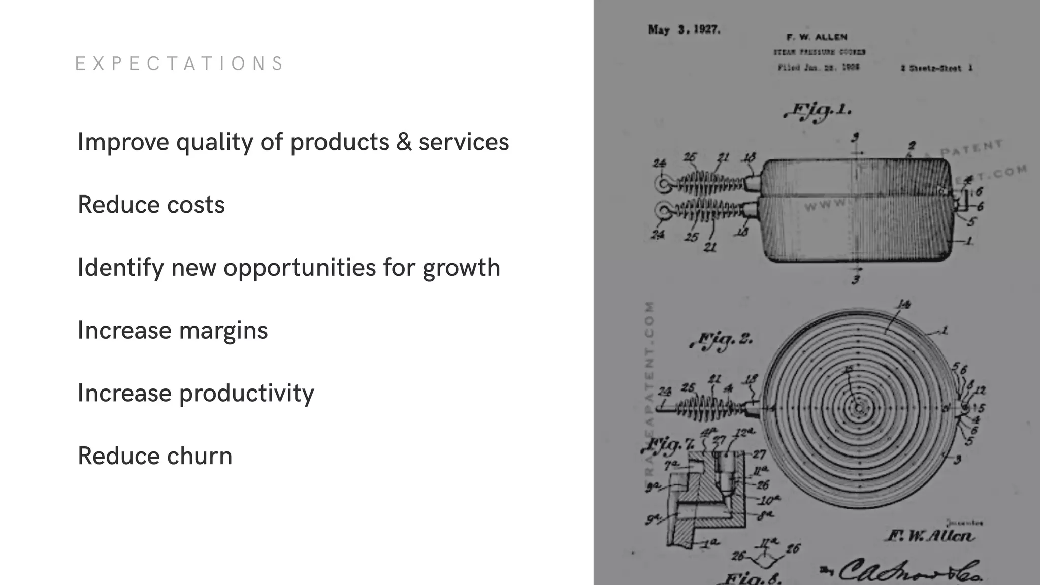 Improve quality of products & services
Reduce costs
Identify new opportunities for growth
Increase margins
Increase productivity
Reduce churn
E X P E C T A T I O N S
 