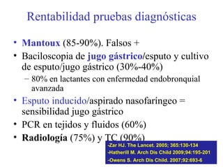Rentabilidad pruebas diagnósticas Mantoux   (85-90%). Falsos + Baciloscopia de   jugo gástrico / esputo y cultivo de esputo/jugo gástrico (30%-40%) 80% en lactantes con enfermedad endobronquial avanzada Esputo inducido /aspirado nasofaríngeo = sensibilidad jugo gástrico  PCR en tejidos y fluidos (60%) Radiología  (75%) y TC (90%) -Zar HJ. The Lancet. 2005; 365:130-134 -Hatherill M. Arch Dis Child 2009;94:195-201 - Owens S. Arch Dis Child. 2007;92:693-6 