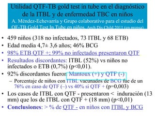 459 niños (318 no infectados, 73 ITBL y 68 ETB) Edad media 4,7± 3,6 años; 46% BCG 98% ETB QTF +; 99% no infectados presentaron QTF   Resultados discordantes:  ITBL (52%) vs niños no infectados o ETB (0,7%) (p<0,01).  92% discordantes fueron  Mantoux (+) y QTF (-) Porcentaje de niños con  ITBL   vacunados de   BCG   fue de un   76% en caso de QTF (–) vs 40% si QTF +  (p=0,003) Los casos de ITBL con QTF - presentaron <  induración (13 mm) que los de ITBL con QTF + (18 mm) (p<0,01)  Conclusiones : > % de  QTF -  en niños con  ITBL y BCG Utilidad QTF-TB gold test in tube en el diagnóstico de la ITBL y de enfermedad TBC en niños A. Méndez-Echevarría y Grupo colaborativo para el estudio del QF-TB Gold Test In Tube en niños.  Arch Dis Child 2011 (en prensa) 