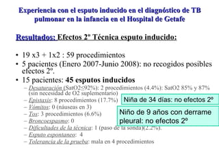 Resultados:  Efectos 2º Técnica esputo inducido: 19 x3 + 1x2 : 59 procedimientos 5 pacientes (Enero 2007-Junio 2008): no recogidos posibles efectos 2º. 15 pacientes:  45 esputos inducidos Desaturación  ( SatO2≤92%): 2 procedimientos (4.4%): SatO2 85% y 87%  (sin necesidad de O2 suplementario) Epistaxis : 8 procedimientos (17.7%) Vómitos :   0 (náuseas en 3) Tos : 3 procedimientos (6.6%) Broncoespasmo : 0 Dificultades de la técnica : 1 (paso de la sonda)(2.2%). Esputo espontaneo :  4 Tolerancia de la prueba : mala en 4 procedimientos Niña de 34 días: no efectos 2º Niño de 9 años con derrame pleural: no efectos 2º Experiencia con el esputo inducido en el diagnóstico de TB pulmonar en la infancia en el Hospital de Getafe 