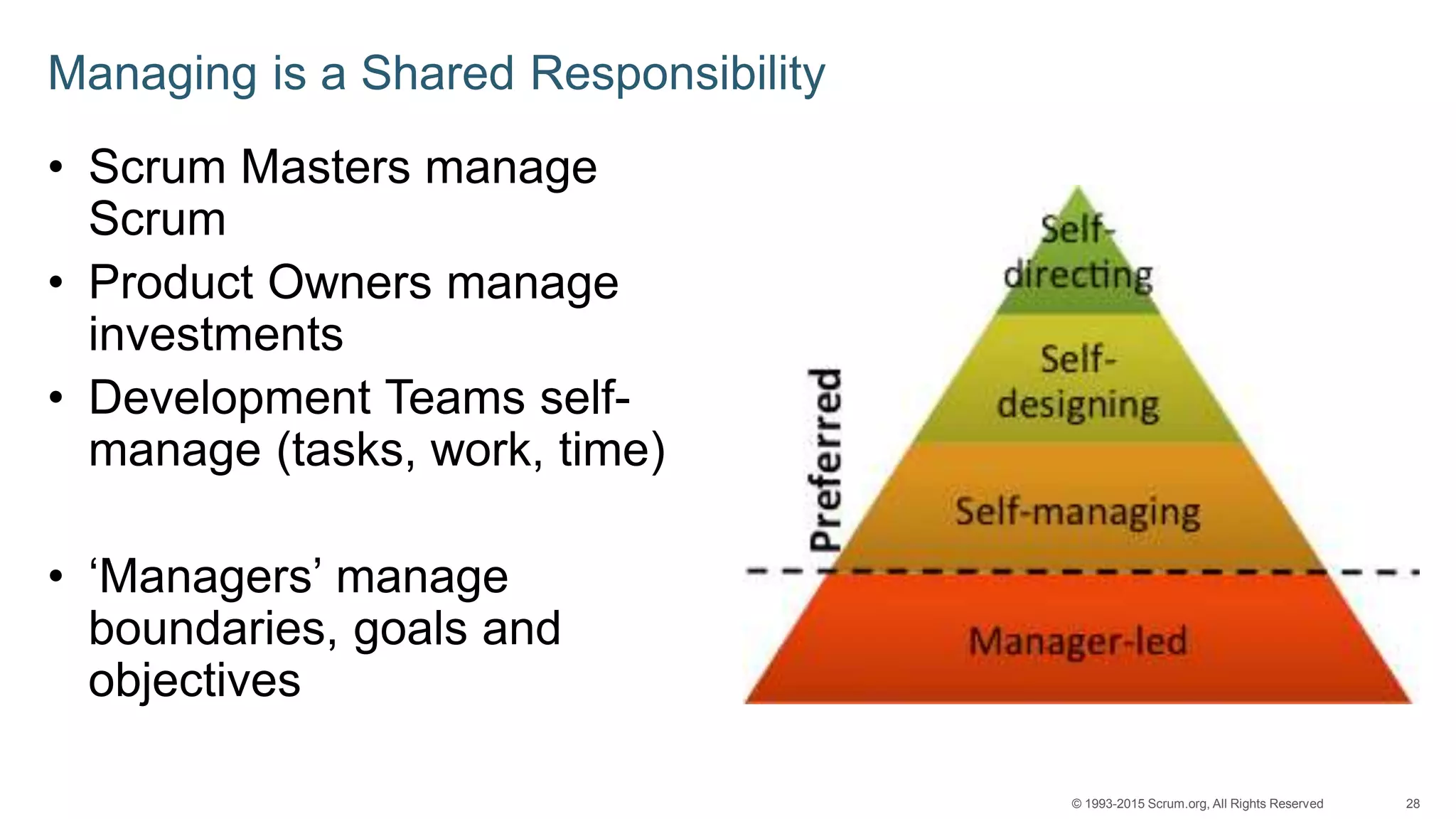 28© 1993-2015 Scrum.org, All Rights Reserved
Managing is a Shared Responsibility
• Scrum Masters manage
Scrum
• Product Owners manage
investments
• Development Teams self-
manage (tasks, work, time)
• ‘Managers’ manage
boundaries, goals and
objectives
 