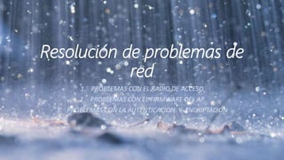 Resolución de problemas de
red
1. PROBLEMAS CON EL RADIO DE ACCESO
2. PROBLEMAS CON EL FIRMWARE DEL AP
3. PROBLEMAS CON LA AUTENTICACION Y ENCRIPTACION
 