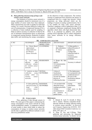 Mrityunjay Sharma et al Int. Journal of Engineering Research and Applications www.ijera.com
ISSN : 2248-9622, Vol. 4, Issue 3( Version 1), March 2014, pp.752-755
www.ijera.com 754 | P a g e
D. Data gathering and processing of large scale
wireless sensor networks
The limitation of wireless sensor network is
energy consumption should be minimized even if a
large number of sensor nodes have been deployed.
Data is passed from one node to another by multi-hop
routing. As a result it becomes difficult to reduce the
cost of communication .Compressed Sensing (CS) is
a collection of latest methods used for sampling. It
helps to achieve accuracy in collection of data by the
use of minimum measurements know as projections
in compressed sensing literature. Reduction in global
data traffic and minimizing the energy consumption
are the objectives of data compression. The wireless
sensing in compressed form minimizes the latency in
compressed form by a single hop network. Linear
projections are being delivered which are the
readings of sensors in analog synchronization, but it
is not suitable for large scale sensor networks.
Therefore, sampling is used in gathering of data. Ji et
al. proposed a Bayesian compressed sensing (BCS)
algorithm which deals with high dimensional data.
Chou et al. proposed an adaptive com- pressed
sensing (ACS) algorithm [20] to collect information
from sensor networks in an energy efficiency
manner.
III. COMPARATIVE ANALYSIS
S. NO TECHNIQUE PROBABILISTIC
MODEL USED
ADVANTAGES DISADVANTAGES
1. A. Cluster Based
Approximate
Data Collection
for Wireless
Sensor Networks
CLUSTERING 1) Reduces
data redundancy
2) Saves
energy
1) Data quality is
reduced because of
packet loss.
2) Huge data
collection leads to
excessive
communication
overhead.
2. B. An energy
efficient data
collection scheme
for wireless sensor
networks
REGRESSION 1) Keeps the data
quality.
2) Communication
overhead is
reduced.
Accuracy is reduced.
3. C. Analysis on data
collection using
mobile robot in
wireless sensor
networks
NEURAL
NETWORKS
1)Area of
localization
positions into
account for further
process of
collecting the data.
1) The deployment
set is projected to be
condensed more if
the area of the
localization stations
is measured.
4. D. Data gathering
and processing of
large scale
wireless sensor
networks
BAYESIAN
NETWORKS
1) It can deal with
abnormal sensor
readings gracefully.
2) Data
reconstruction is
not sensitive to
packet losses
Losing main
information will
cause
fatal errors to the
decoder
IV. CONCLUSION
Thus, gathering of data through sensors in
WSN. The main goal of this paper is minimizing the
energy consumption in the sensor network by using
various probabilistic models. A comparative analysis
of some models is done which helps to reduce the
consumption of energy in wireless sensor networks
and the data is gathered by different methods in each
and every probabilistic model.
References
[1] A. Ahmad, K. Latif, N. Javaidl, Z. Khan,
and U. Qasim, “Density controlled divide-
and-rule scheme for energy efficient routing
in wireless sensor networks,” in Electrical
and Computer Engineering (CCECE), 2013
26th Annual IEEE Canadian Conference on.
IEEE, 2013, pp. 1–4.
[2] X. Xing, D. Xie, and G.Wang, “Data
gathering and processing for largescale
wireless sensor networks,” in Mobile Ad-hoc
 