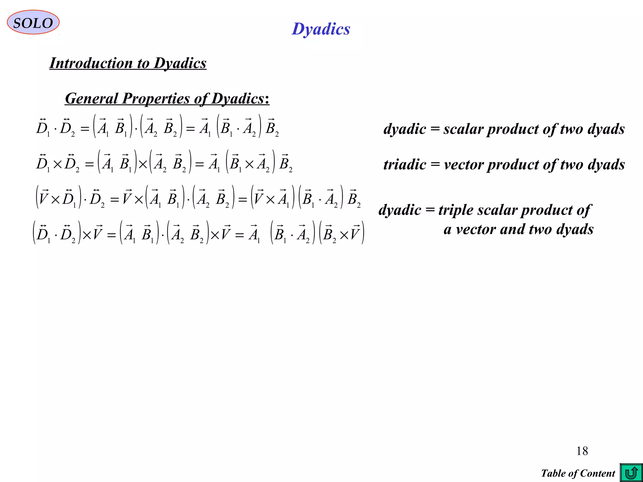 18
SOLO Dyadics
Introduction to Dyadics
General Properties of Dyadics:
triadic = vector product of two dyads
dyadic = scalar product of two dyads( ) ( ) ( ) 2211221121
BABABABADD

⋅=⋅=⋅
( ) ( ) ( ) 2211221121
BABABABADD

×=×=×
( ) ( ) ( ) ( )( ) 2211221121
BABAVBABAVDDV

⋅×=⋅×=⋅×
dyadic = triple scalar product of
a vector and two dyads( ) ( ) ( ) ( )( )VBABAVBABAVDD

×⋅=×⋅=×⋅ 2211221121
Table of Content
 
