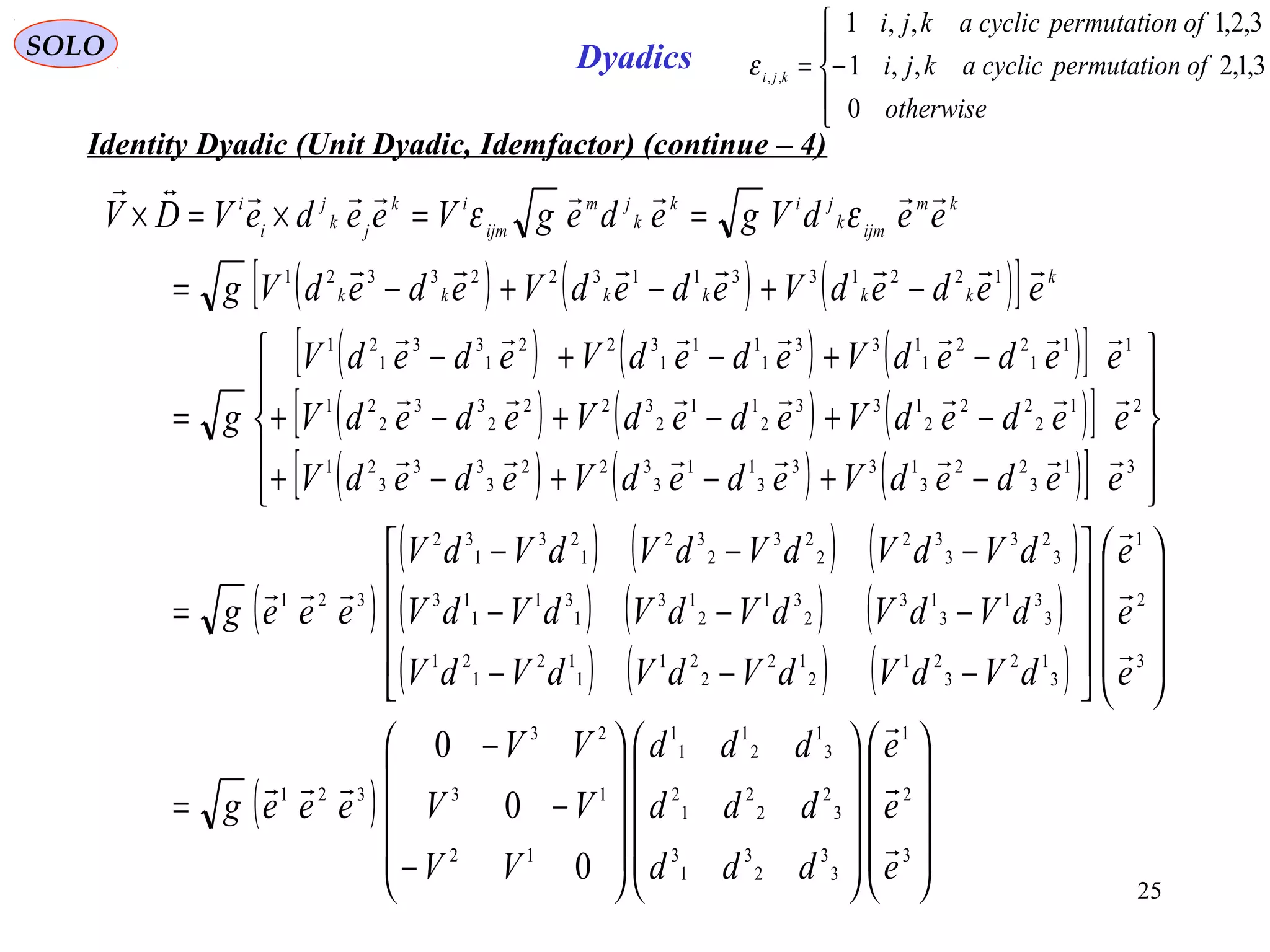 25
SOLO Dyadics
Identity Dyadic (Unit Dyadic, Idemfactor) (continue – 4)
( ) ( ) ( )[ ]
( ) ( ) ( )[ ]
( ) ( ) ( )[ ]
( ) ( ) ( )[ ]
( )
( ) ( ) ( )
( ) ( ) ( )
( ) ( ) ( )
( )






























−
−
−
=




















−−−
−−−
−−−
=










−+−+−+
−+−+−+
−+−+−
=
−+−+−=
==×=×
3
2
1
3
3
2
3
1
3
3
2
2
2
1
2
3
1
2
1
1
1
12
13
23
321
3
2
1
3
12
3
21
2
12
2
21
1
12
1
21
3
31
3
13
2
31
2
13
1
31
1
13
3
23
3
32
2
23
2
32
1
23
1
32
321
31
3
22
3
133
3
11
3
322
3
33
3
21
21
2
22
2
133
2
11
2
322
2
33
2
21
11
1
22
1
133
1
11
1
322
1
33
1
21
122133113223321
0
0
0
e
e
e
ddd
ddd
ddd
VV
VV
VV
eeeg
e
e
e
dVdVdVdVdVdV
dVdVdVdVdVdV
dVdVdVdVdVdV
eeeg
eededVededVededV
eededVededVededV
eededVededVededV
g
eededVededVededVg
eedVgedegVeedeVDV
k
kkkkkk
km
ijmk
jik
k
jm
ijm
ik
jk
j
i
i













εε





−=
otherwise
ofnpermutatiocyclicakji
ofnpermutatiocyclicakji
kji
0
3,1,2,,1
3,2,1,,1
,,
ε
 