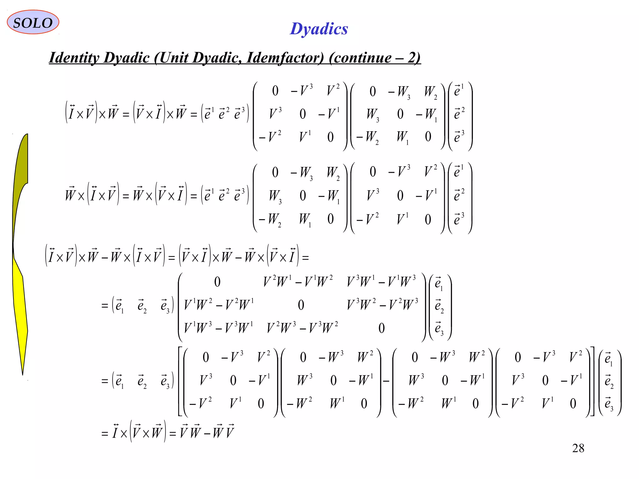 28
SOLO Dyadics
Identity Dyadic (Unit Dyadic, Idemfactor) (continue – 2)
( ) ( ) ( ) ( )
( )
( )
( ) VWWVWVI
e
e
e
VV
VV
VV
WW
WW
WW
WW
WW
WW
VV
VV
VV
eee
e
e
e
WVWVWVWV
WVWVWVWV
WVWVWVWV
eee
IVWWIVVIWWVI










−=××=






























−
−
−










−
−
−
−










−
−
−










−
−
−
=




















−−
−−
−−
=
=××−××=××−××
3
2
1
12
13
23
12
13
23
12
13
23
12
13
23
321
3
2
1
23321331
32231221
31132112
321
0
0
0
0
0
0
0
0
0
0
0
0
0
0
0
( ) ( ) ( )




















−
−
−










−
−
−
=××=××
3
2
1
12
13
23
12
13
23
321
0
0
0
0
0
0
e
e
e
WW
WW
WW
VV
VV
VV
eeeWIVWVI




( ) ( ) ( )




















−
−
−










−
−
−
=××=××
3
2
1
12
13
23
12
13
23
321
0
0
0
0
0
0
e
e
e
VV
VV
VV
WW
WW
WW
eeeIVWVIW




 