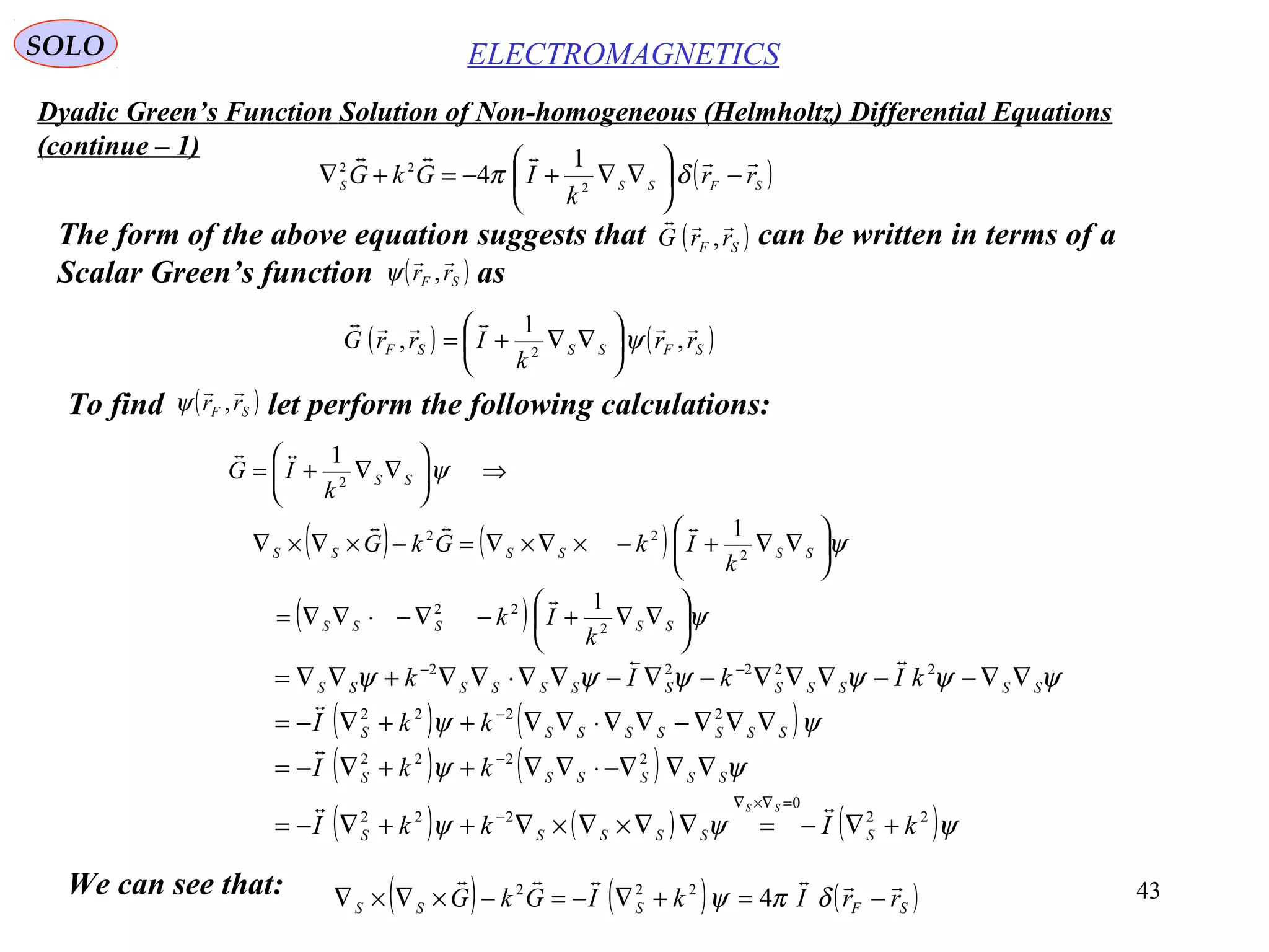 43
Dyadic Green’s Function Solution of Non-homogeneous (Helmholtz) Differential Equations
(continue – 1)
ELECTROMAGNETICSSOLO
( )SFSSS
rr
k
IGkG

−





∇∇+−=+∇ δπ 2
22 1
4
The form of the above equation suggests that can be written in terms of a
Scalar Green’s function as
( )SF rrG

,
( )SF rr

,ψ
( ) ( )SFSSSF rr
k
IrrG

,
1
, 2
ψ





∇∇+=
To find let perform the following calculations:( )SF rr

,ψ
( ) ( )
( ) ψ
ψ
ψ






∇∇+−∇−⋅∇∇=






∇∇+−×∇×∇=−×∇×∇
⇒





∇∇+=
SSSSS
SSSSSS
SS
k
Ik
k
IkGkG
k
IG
2
22
2
22
2
1
1
1



( ) ( )
( ) ( )
( ) ( ) ( )ψψψ
ψψ
ψψ
ψψψψψψ
22
0
222
2222
2222
22222
kIkkI
kkI
kkI
kIkIk
SSSSSS
SSSSSS
SSSSSSSS
SSSSSSSSSSSS
SS
+∇−=∇∇×∇×∇++∇−=
∇∇−∇⋅∇∇++∇−=
∇∇∇−∇∇⋅∇∇++∇−=
∇∇−−∇∇∇−∇−∇∇⋅∇∇+∇∇=
=∇×∇
−
−
−
−−




We can see that: ( ) ( ) ( )SFSSS rrIkIGkG

−=+∇−=−×∇×∇ δπψ 4222
 