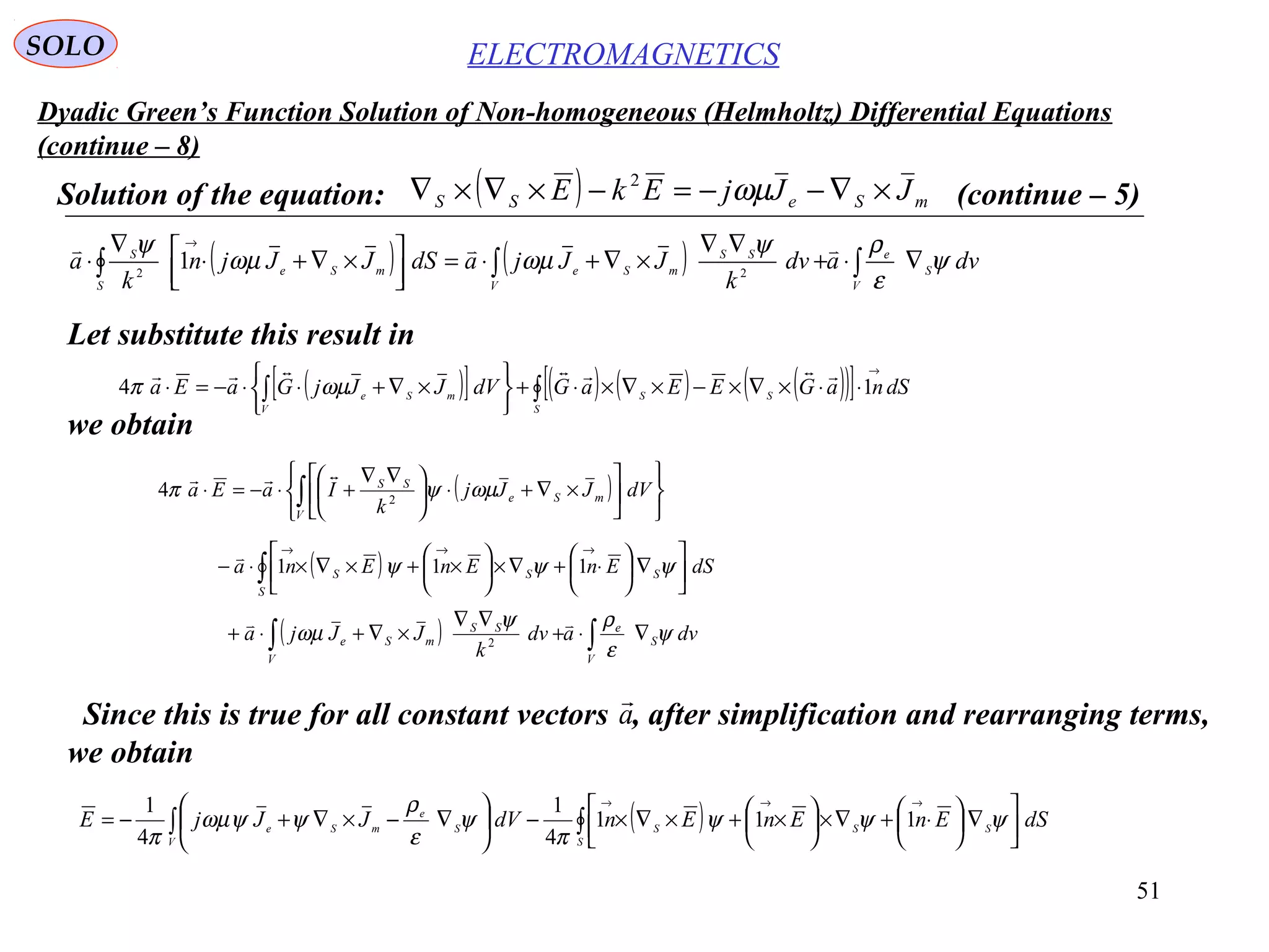 51
Dyadic Green’s Function Solution of Non-homogeneous (Helmholtz) Differential Equations
(continue – 8)
ELECTROMAGNETICSSOLO
Solution of the equation: ( ) mSeSS JJjEkE ×∇−−=−×∇×∇ ωµ2
(continue – 5)
Let substitute this result in
( ) ( ) ∫∫∫ ∇⋅+
∇∇
×∇+⋅=


 ×∇+⋅
∇
⋅
→
V
S
e
V
SS
mSe
S
mSe
S
dvadv
k
JJjadSJJjn
k
a ψ
ε
ρψ
ωµωµ
ψ 
22
1
( )[ ] ( ) ( ) ( )( )[ ]∫∫
→
⋅⋅×∇×−×∇×⋅+






×∇+⋅⋅−=⋅
S
SS
V
mSe dSnaGEEaGdVJJjGaEa 14

ωµπ
( )












×∇+⋅




 ∇∇
+⋅−=⋅ ∫ dVJJj
k
IaEa
V
mSe
SS
ωµψπ 2
4

( )∫ 





∇





⋅+∇×





×+×∇×⋅−
→→→
S
SSS dSEnEnEna ψψψ 111

( ) ∫∫ ∇⋅+
∇∇
×∇+⋅+
V
S
e
V
SS
mSe dvadv
k
JJja ψ
ε
ρψ
ωµ

2
we obtain
Since this is true for all constant vectors , after simplification and rearranging terms,
we obtain
a

( )∫∫ 



∇




 ⋅+∇×




 ×+×∇×−





∇−×∇+−=
→→→
S
SSS
V
S
e
mSe dSEnEnEndVJJjE ψψψ
π
ψ
ε
ρ
ψψωµ
π
111
4
1
4
1
 