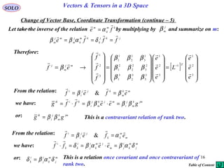 16
SOLO Vectors & Tensors in a 3D Space
Change of Vector Base, Coordinate Transformation (continue – 5)
Therefore:
Let take the inverse of the relation by multiplying by and summarize on m:
j
m
β
[ ]










=




















=












→= −
3
2
1
1
3
2
1
3
3
3
2
3
1
2
3
2
2
2
1
1
3
1
2
1
1
3
2
1
e
e
e
L
e
e
e
f
f
f
ef
Tmj
m
j










βββ
βββ
βββ
β
km
k
m
fe

α=
jkj
k
km
k
j
m
mj
m fffe

=== δαββ
From the relation: mk
m
kjj
i
i
efef

ββ == &
we have: jmk
m
j
i
mjk
m
j
i
kiik
geeffg ββββ =⋅=⋅=

or: jmk
m
j
i
ik
gg ββ= This is a contravariant relation of rank two.
From the relation:
m
m
kk
jj
i
i
efef

αβ == &
we have: m
j
m
k
i
jm
jm
k
i
j
i
kk
i
eeff δαβαβδ =⋅==⋅

or: This is a relation once covariant and once contravariant of
rank two.
m
j
m
k
i
j
i
k δαβδ =
Table of Content
 