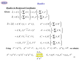 19
SOLO Dyadics
Dyadics in Reciprocal Coordinates
Given: 





==







== ∑∑ l
l
li
l
li
j
j
j
ij
j
ii
eAeAeAeAA







==





== ∑∑ m
m
mi
m
mi
k
k
k
ik
k
ii
eBeBeBeBB







====






====






====






=====
∑
∑
∑
∑
→
→
→
→
i
kijikijijk
kj
jk
jl
km
ml
mili
i
k
iji
k
iji
k
jk
jk
j
jl
k
lk
ili
i
ki
j
iki
j
ik
jk
jk
j
km
m
jmi
j
i
i
k
i
j
i
k
i
j
i
jk
kj
jk
kj
k
i
j
iii
BABAdeedeeBA
BABAdeedeeBA
BABAdeedeeBA
BABAdeedeeBABAD
:
:
:
:




lm
kmjlk
l
jl
m
jmkjk
dggdgdgd ===
j
m
kj
mk
k
m
k
m
kmmk
kmmk
k
mkm
ggeeeegeegege δδ ==⋅⋅=⋅== ,,,,

Using we obtain:
jk
mklj
k
lmkm
j
ljlm
dggdggd === φ
mklj
gg
kmjl
gg
 
