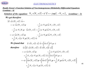 48
Dyadic Green’s Function Solution of Non-homogeneous (Helmholtz) Differential Equations
(continue – 6)
ELECTROMAGNETICSSOLO
Solution of the equation: ( ) mSeSS JJjEkE ×∇−−=−×∇×∇ ωµ2
(continue – 3)
We get therefore
( ) ( ) =⋅×∇×⋅
→
nEaG S 1

( ) ( ) ( )
( ) ( ) ( ) ( )Ena
k
Ena
k
Ena
k
Ena
SSSSSS
SSSS
×∇×∇⋅∇⋅+×∇×⋅∇∇⋅−
×∇×∇⋅∇⋅−×∇×⋅−=
→→
→→
1
1
1
1
1
1
1
22
2
ψψ
ψψ


( ) ( ) ( )Ena
k
Ena SSSS ×∇×∇⋅∇⋅−×∇×⋅−=
→→
1
1
1 2
ψψ

( ) ( )[ ]
→
⋅×∇∇⋅×∇+ nEa
k
SSS 1
1
2
ψ

( )( ) aEnnaGE SS

⋅∇×





×=⋅⋅×∇×
→→
ψ11We found that
therefore ( ) ( ) ( )( )[ ]aGEEaGn SS

⋅×∇×−×∇×⋅⋅
→
1
( ) ( ) ( )Ena
k
Ena SSSS
×∇×∇⋅∇⋅−×∇×⋅−=
→→
1
1
1 2
ψψ

( ) ( )[ ] aEnnEa
k
SSSS

⋅∇×





×−⋅×∇∇⋅×∇+
→→
ψψ 11
1
2
( ) ( )





×∇×∇⋅∇+∇×





×+×∇×⋅−=
→→→
En
k
EnEna SSSSS 1
1
11 2
ψψψ

( ) ( )[ ]
→
⋅×∇∇⋅×∇+ nEa
k
SSS 1
1
2
ψ

 