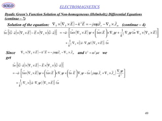 49
Dyadic Green’s Function Solution of Non-homogeneous (Helmholtz) Differential Equations
(continue – 7)
ELECTROMAGNETICSSOLO
Solution of the equation: ( ) mSeSS JJjEkE ×∇−−=−×∇×∇ ωµ2
(continue – 4)
Since and we
get
( ) ( ) ( )( )[ ]aGEEaGn SS

⋅×∇×−×∇×⋅⋅
→
1 ( ) ( )





×∇×∇⋅∇+∇×





×+×∇×⋅−=
→→→
En
k
EnEna SSSSS 1
1
11 2
ψψψ

( ) ( )[ ]
→
⋅×∇∇⋅×∇+ nEa
k
SSS 1
1
2
ψ

( ) mSeSS JJjEkE ×∇−−=−×∇×∇ ωµ2
µεω 22
=k
( ) ( ) ( )( )[ ]
( ) ( )
( ) ( )[ ]
→
→→→→
→
⋅×∇∇⋅×∇+





 ∇
×∇+⋅−∇




 ⋅+∇×




 ×+×∇×⋅−=
⋅×∇×−×∇×⋅⋅
nEa
k
k
JJjnEnEnEna
aGEEaGn
SSS
S
mSeSSS
SS
1
1
1111
1
2
2
ψ
ψ
ωµψψψ



 