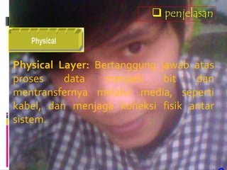  penjelasan



Physical Layer: Bertanggung jawab atas
proses    data    menjadi    bit  dan
mentransfernya melalui media, seperti
kabel, dan menjaga koneksi fisik antar
sistem.
 