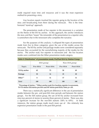 mode required more time and resources and it was the most expensive
method for presenting a story.

       Live location reports involved the reporter going to the location of the
story and broadcasting from there during the newscast. This is the time-
honored “stand-up” approach.

       The presentation mode of live reporter in the newsroom is a variation
on the theme of the VO by anchor. In this approach, the anchor introduces
the story and then “tosses” the remainder of the presentation to a reporter who
is somewhere else in the newsroom who completes the narrative.

        For the purposes of this analysis, I collapsed the types of presentation
mode from ﬁve to three categories, given the use of the modes across the
newscasts. The VO by anchor and package modes were considered separately
because they accounted for the overwhelming majority of the modes for the
stories. The anchor read, live reporter in newsroom and the live location
modes were combined into the Other presentation mode category.

Table 5: Distribution* of presentation mode, Pre/Post SSA by Station Group

                              SSA-group                           Non-SSA group

     To p i c        Pre-SSA          Post-SSA            Pre-SSA                     Post-SSA

 VO by anchor            62                73                    58                          69

 Package                 30                16                    25                          20

 Other**                 8                 11                    17                           11

 Total                  100               100                   100                          100

 *Percentage of stories ; **Other=anchor read; live location; reporter in newsroom,
 N=711 stories (324 stories pre-SSA and 387 stories post-SSA); Note: p=<.05.

       There was a statistically signiﬁcant difference in the use of presentation
modes between the pre- and post-SSA time periods and between the station
groups. For the SSA station group, the use of VO by anchor increased from
sixty-two percent of stories to seventy-three percent of stories. There was also
a signiﬁcant increase for the non-SSA stations (58% to 69%).             In both
instances, the station groups made much more use of this relatively less
expensive presentation mode in the post-SSA period.




Local TV & Shared Services Agreements: Honolulu      D . Ya n i c h , U n i v e r s i t y o f D e l a w a r e


                                           19
 