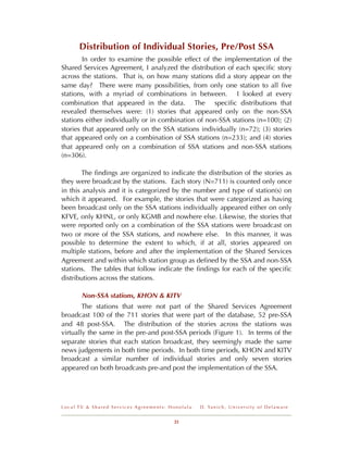 Distribution of Individual Stories, Pre/Post SSA
        In order to examine the possible effect of the implementation of the
Shared Services Agreement, I analyzed the distribution of each speciﬁc story
across the stations. That is, on how many stations did a story appear on the
same day? There were many possibilities, from only one station to all ﬁve
stations, with a myriad of combinations in between. I looked at every
combination that appeared in the data. The speciﬁc distributions that
revealed themselves were: (1) stories that appeared only on the non-SSA
stations either individually or in combination of non-SSA stations (n=100); (2)
stories that appeared only on the SSA stations individually (n=72); (3) stories
that appeared only on a combination of SSA stations (n=233); and (4) stories
that appeared only on a combination of SSA stations and non-SSA stations
(n=306).

        The ﬁndings are organized to indicate the distribution of the stories as
they were broadcast by the stations. Each story (N=711) is counted only once
in this analysis and it is categorized by the number and type of station(s) on
which it appeared. For example, the stories that were categorized as having
been broadcast only on the SSA stations individually appeared either on only
KFVE, only KHNL, or only KGMB and nowhere else. Likewise, the stories that
were reported only on a combination of the SSA stations were broadcast on
two or more of the SSA stations, and nowhere else. In this manner, it was
possible to determine the extent to which, if at all, stories appeared on
multiple stations, before and after the implementation of the Shared Services
Agreement and within which station group as deﬁned by the SSA and non-SSA
stations. The tables that follow indicate the ﬁndings for each of the speciﬁc
distributions across the stations.

       Non-SSA stations, KHON & KITV
        The stations that were not part of the Shared Services Agreement
broadcast 100 of the 711 stories that were part of the database, 52 pre-SSA
and 48 post-SSA. The distribution of the stories across the stations was
virtually the same in the pre-and post-SSA periods (Figure 1). In terms of the
separate stories that each station broadcast, they seemingly made the same
news judgements in both time periods. In both time periods, KHON and KITV
broadcast a similar number of individual stories and only seven stories
appeared on both broadcasts pre-and post the implementation of the SSA.




Local TV & Shared Services Agreements: Honolulu   D . Ya n i c h , U n i v e r s i t y o f D e l a w a r e


                                        21
 
