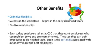 Other Benefits 
• Cognitive flexibility 
• Success in the workplace – begins in the early childhood years 
• Positive relationships 
• Even today, employers tell us at CCC that they want employees who 
can problem solve and are team oriented. They say they can train 
employees to do needed tasks, but it is the soft skills associated with 
autonomy make the best employees. 
 