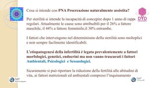 Cosa si intende con PNA Procreazione naturalmente assistita?
Per sterilità si intende la incapacità di concepire dopo 1 anno di rapporti
regolari. Attualmente le cause sono attribuibili per il 26% a fattore
maschile, il 44% a fattore femminile,il 30% entrambe.
I fattori che intervengono nel determinismo della sterilità sono molteplici
e non sempre facilmente identificabili.
L’etiopatogenesi della infertilità è legata prevalentemente a fattori
morfologici, genetici, endocrini ma non vanno trascurati i fattori
Ambientali, Psicologici e Sessuologici.
Sicuramente si può riportare la riduzione della fertilità alle abitudini di
vita, ai fattori nutrizionali ed ambientali compreso l’inquinamento.
 