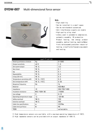 DAYSENSOR
DYDW-007 Multi-dimensional force sensor
特点：
·High stability
·Can be installed in a small space
·Can be non-standard customized
·Anti-interference signals are stable
·High quality alloy steel
·widely used in automobile compression,
automatic assembly, 3C production
Product testing, new energy product
assembly, medical testing, machine Maker
field, mold assembly and other industrial
testing, since Field of dynamic equipment
and testing.
qualification
Rated quantitative schedule Kg 0-1000
Output sensitivity mV/V 1.0
Zero point output %F.S. ±2
Non-linear %F.S. 0.1
lag %F.S. 0.1
Repeatability %F.S. 0.5
Creep (30 min) %F.S. 0.5
Temperature sensitivity drift %F.S./10℃ 0.5
Zero temperature drift %F.S./10℃ 0.05
Response frequency Hz 1k
Material 42CrMoA
impedance Ω 350/700/1400
Insulation resistance MΩ/100V DC ≥5000
Use voltage V 5-12
Operating temperature range ℃ -20-80
Safety overload %R.C. 150
Extreme overload %R.C. 300
Cable line specifications m Φ3*4m
Cable limit pull force N 98
TEDS selectable
1) High temperature sensors are available, with a maximum operating temperature of 150℃.
2) High impedance sensors can be provided with an output impedance of 1000 Ω.
https://www.loadcells.store
 