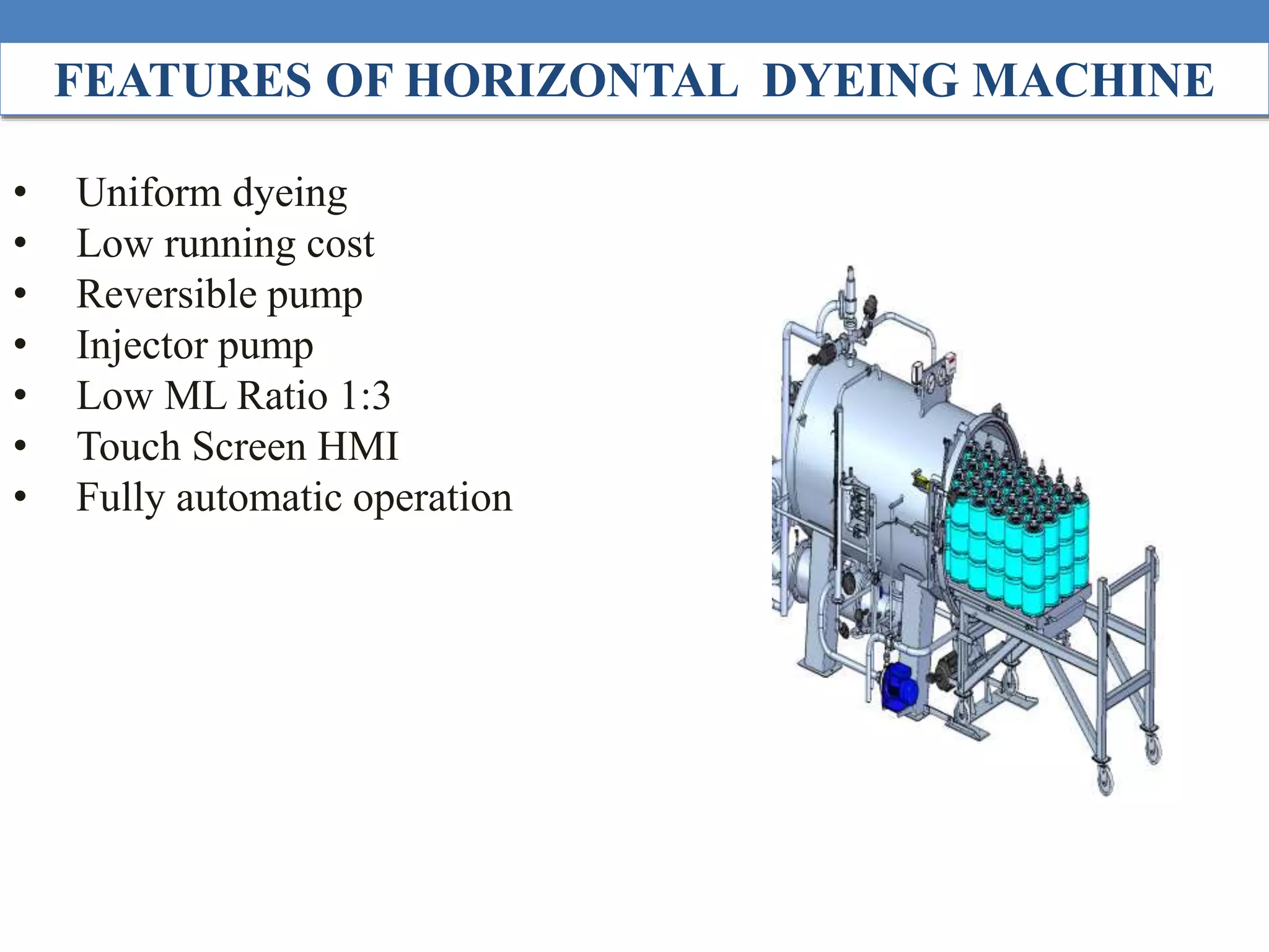 FEATURES OF HORIZONTAL DYEING MACHINE
• Uniform dyeing
• Low running cost
• Reversible pump
• Injector pump
• Low ML Ratio 1:3
• Touch Screen HMI
• Fully automatic operation
 