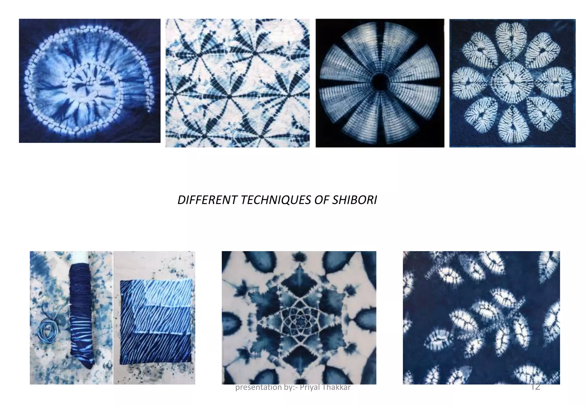 DIFFERENT TECHNIQUES OF SHIBORI
presentation by:- Priyal Thakkar 12
 