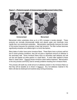 18
Figure 7 – Photomicrograph of Unmercerized and Mercerized Cotton Fiber.
Unmercerized Mercerized
Mercerized cotton substrates show up to a 20% increase in tensile strength. These
products are normally dimensionally stable and absorb water and chemicals more
rapidly than non-mercerized substrates. Mercerization significantly improves the luster
of the product because the substrate is kept high tensions. The fiber surface becomes
significantly smoother and reflects light in a mirror like fashion.
Many bales of cotton have some immature fibers. These fibers have a primary wall but
due to some growing conditions, they did not grow a significant amount of cellulose in
the secondary wall. Some immature fibers have no secondary wall cellulose and will
not dye and appear as white specks in a dyed fabric. A name often applied to these
fibers is ‘dead cotton’. Figure 8 shows immature cotton before treatment. Mercerization
is the only process commonly used to remedy problems resulting from immature fibers.
This process will swell any small amount of cellulose present in the immature fibers so
that they will be dyeable as is shown in Figure 9. Any non-cellulosic material in the
fabric will also be destroyed and washed away during processing.
 
