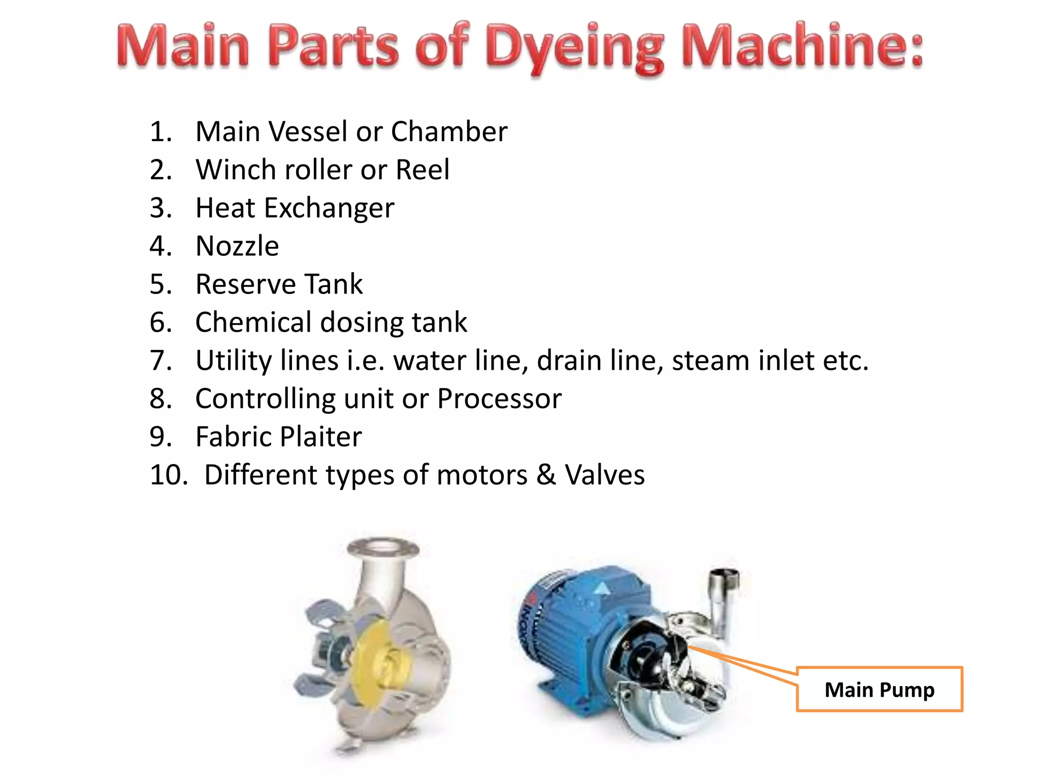 1. Main Vessel or Chamber
2. Winch roller or Reel
3. Heat Exchanger
4. Nozzle
5. Reserve Tank
6. Chemical dosing tank
7. Utility lines i.e. water line, drain line, steam inlet etc.
8. Controlling unit or Processor
9. Fabric Plaiter
10. Different types of motors & Valves
Main Pump