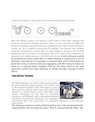 A schematic diagram is given here for the semi-continuous dyeing process 
After this fixation process, the material in full width is thoroughly cleansed and 
rinsed in continuous washing machines. There is only one point of difference 
between Continuous and semi-continuous dyeing process is that in semi-continuous 
dyeing, the dye is applied continuously by padding. The fixation and washing 
remaining discontinuous. Liquor Ratio in semi-continuous dyeing is not of much 
importance and is not taken as a parameter. One of the widely used techniques for 
semi-continuous dyeing process is the Pad batch dyeing. A semi continuous method 
for production of viscose textile fibers in which spinning is conducted at a rate of 
500 m/min with take-up to a centrifuge is examined. Here 10-20 twisted fibers are 
joined into roving, treated on continuous aggregates, and after drying in drums are 
taken up on warping beams weighing 10-20 kg. The fibers made by the semi 
continuous method have high uniformity of dyeing and high strength of 28-30 
cN/texs. 
PAD BATCH DYEING: 
Pad Batch Dyeing is one of the widely used techniques 
for semi-continuous dyeing process. It is mainly used 
in the dyeing of cellulosic fibre like cotton or viscose 
(knit and woven fabric) with reactive dyes. Pad batch 
dyeing is a textile dyeing process that offers some 
unique advantages in the form of versatility, 
simplicity, and flexibility and a substantial reduction 
in capital investment for equipment. It is primarily a 
cold method that is the reason why it is sometimes referred to as the cold pad 
batch dyeing 
The technique or process used in pad-batch dyeing starts with saturating first the 
prepared fabric with pre-mixed dye liquor. Then it is passed through rollers. The 
 