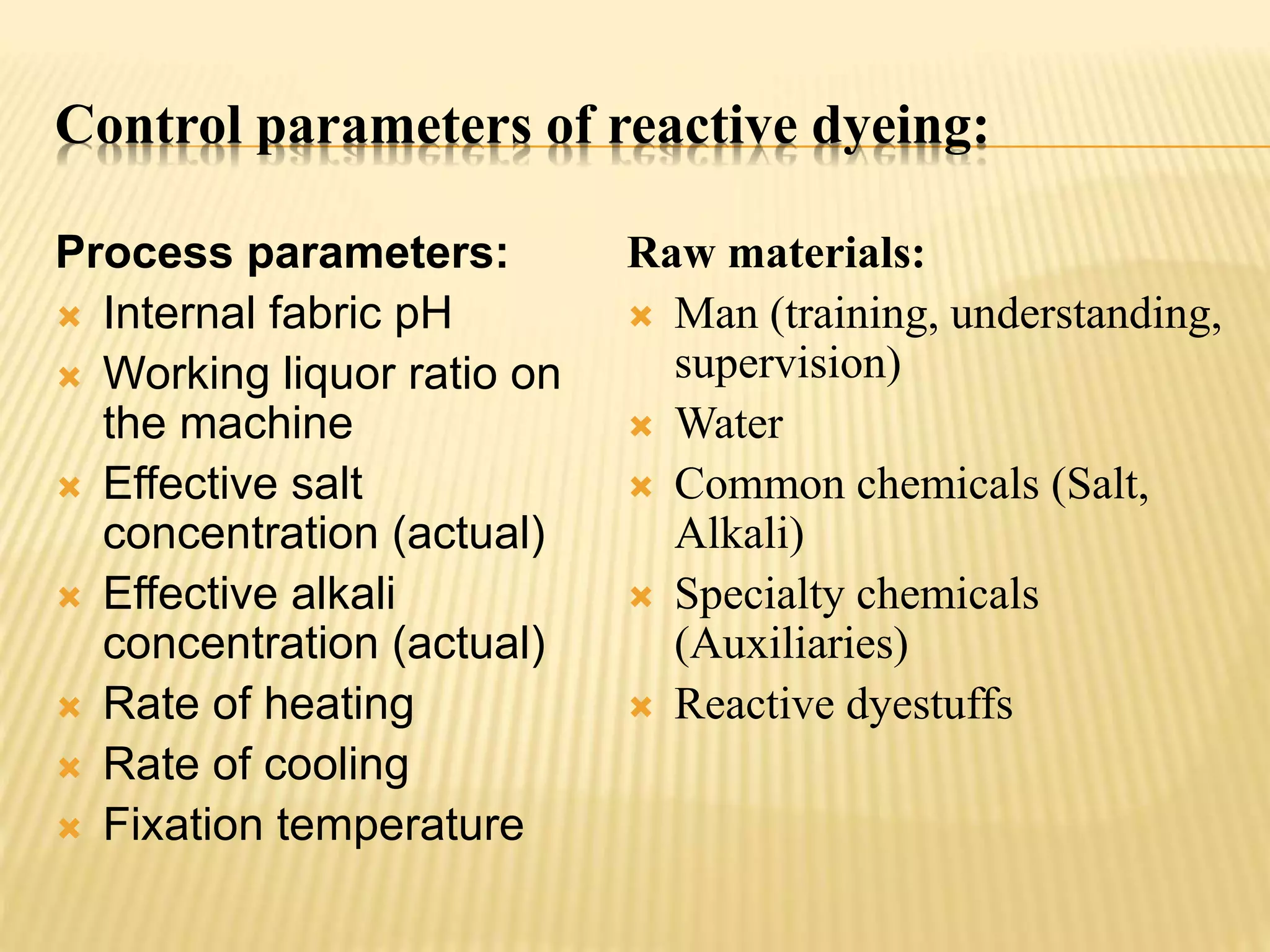 Control parameters of reactive dyeing:
Process parameters:
 Internal fabric pH
 Working liquor ratio on
the machine
 Effective salt
concentration (actual)
 Effective alkali
concentration (actual)
 Rate of heating
 Rate of cooling
 Fixation temperature
Raw materials:
 Man (training, understanding,
supervision)
 Water
 Common chemicals (Salt,
Alkali)
 Specialty chemicals
(Auxiliaries)
 Reactive dyestuffs
 