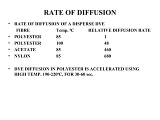 RATE OF DIFFUSION RATE OF DIFFUSION OF A DISPERSE DYE   FIBRE Temp.  0 C RELATIVE DIFFUSION RATE POLYESTER 85 1 POLYESTER 100 48 ACETATE 85 460 NYLON 85 680 DYE DIFFUSION IN POLYESTER IS ACCELERATED USING HIGH TEMP. 190-220 0 C, FOR 30-60 sec. 
