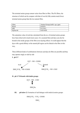 The terminal amino group content varies from fibre to fibre. The PA fibres, the
structure of which can be compare with that of wool & Silk contain much fewer
terminal amino group than the two natural fibre.


Fibre                                         Amino Group (milli. eqv./gm)
Wool                                          0.8-0.9
Silk                                          0.12-0.2
Nylon 66                                      0.03-0.05

The saturation value of acid dye calculated from the no. of terminal amino groups
have been observed in much more cases. It is assumed that acid dyes can also be
bound to the inside groups of the fibre (over dyeing effect). It would appear that the
dyes with a good affinity in the neutral pH region can be linked to the fibre in this
way.


Three different kinds of combinations between acid dyes & fibre are possible and they
may operate singly or side by side
I. ph 2-7

                        H3N+ - NH - COOH

          Acid                                   Neutral

 DSO3-N+H3 – NH -COOH                          DSO3N+H3 – NH –COO-



II. ph 2-7 H-bonds with imido groups

                       H3N+ - NH – COO-



                            DSO3Na


   III.     ph below 2: Formation of salt linkages with imide & amino groups

                       DSO3N+H3 – N+H2 –COOH

                                     DSO3-
 