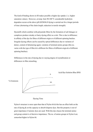The kind of binding shown in III makes possible a higher dye uptake ( i.e. higher
      saturation values). However, at temp. betn 90-100 0C considerable hydrolytic
      degradion occurs at the above pH (H2SO4) If dying is carried out for a longer periods
      of time (shortening of the chain length, reduction in tensile strength).


      Dyestuffs which combine with polyamide fibres by the formation of salt linkages or
      complexes produce streaky or barry dyeing effect as a rule. This is due to difference
      in affinity of the dye for fibres of different origin or of different spinning batches.
      Irregular dyeing effects can be caused by optical differences due to variation of
      denier, content of delusturing agent, variation of terminal amino groups (this no.
      varies with the type of fibre & is different for fibres of different origin & of different
      spinning batches).


      Differences in the rate of dyeing due to varying degree of crystallization or
      differences in fibre streaching.




                                                                    Acid Dye Solution Blue BNS
                                                         6


% Extension
                                                         66




                                Dyeing Time


      Nylon 6 structure is more open than that of Nylon 66 & this has an effect both on the
      rate of dyeing & on the capacity to absorb disperse dyes. But this property is not of
      great importance if anionic dyes are used. With this dye classes the terminal amino
      end group content is of decisive importance. The no. of amino groups in Nylon 6 are
      somewhat higher in Nylon 66.
 